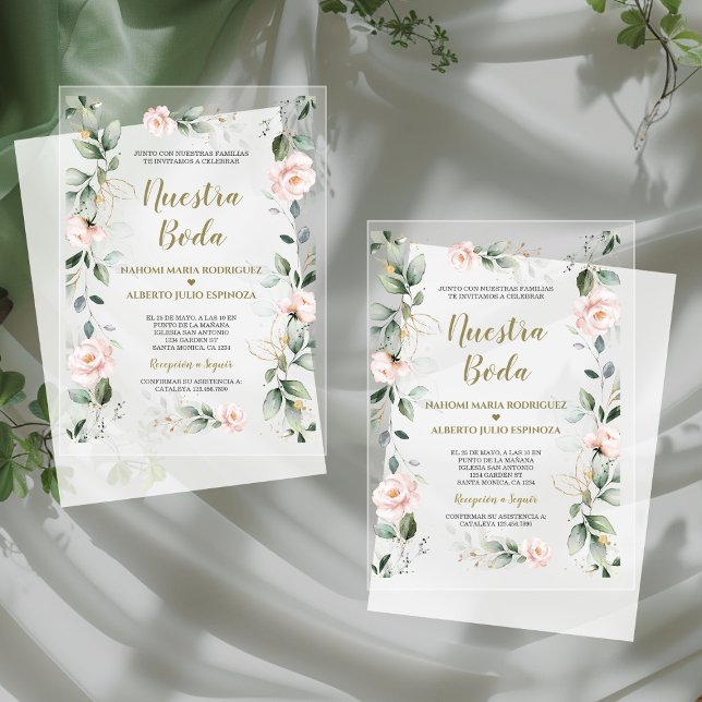 Invitations En Acrylique Charme espagnol Rose Floral Or Nuestra Boda (Créateur téléchargé)