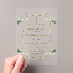 Invitations En Acrylique Charming Airy Greenery Gold Cross Dedication