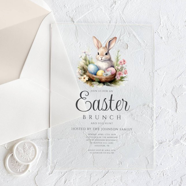 Invitations En Acrylique Chasse Aux Oeufs De Lapin Et Brunch De Pâques (Cute Bunny Egg Hunt And Easter Brunch Acrylic Invitations)