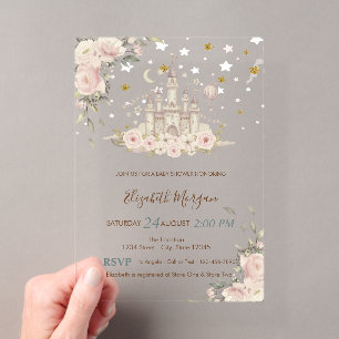 Invitations En Acrylique Château Aquarelle,Fleurs,Etoiles Dorées Baby Showe