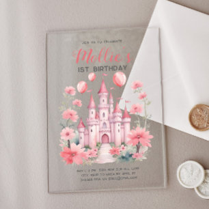 Invitations En Acrylique Château Princesse Rose pour bébé fille 1er anniver