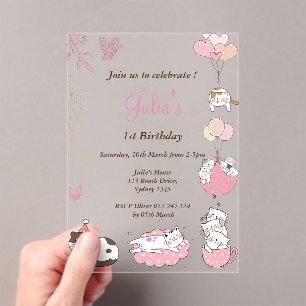 Invitations En Acrylique Chats mignons roses 1er anniversaire