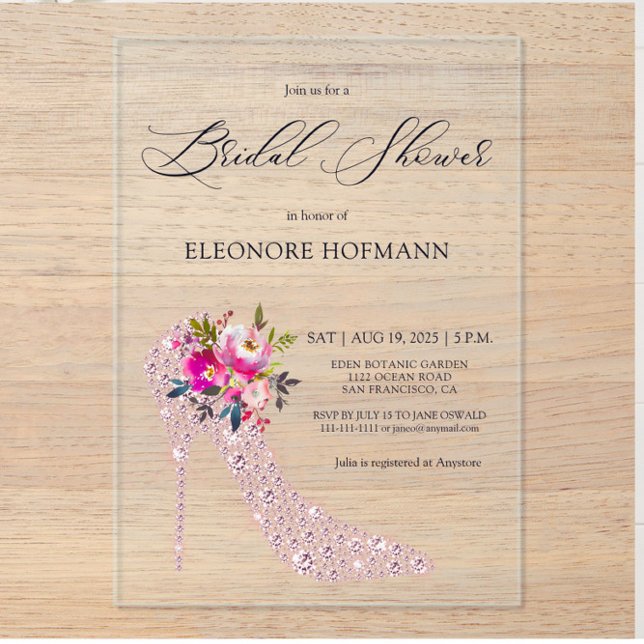 Invitations En Acrylique Chaussures à talons hauts florales roses pour la f (Créateur téléchargé)
