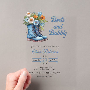Invitations En Acrylique Chaussures bleues de cowgirl occidentale et douche