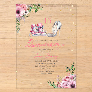 Invitations En Acrylique Chaussures Quinceañera Baskets Roses Talons 15 Flo