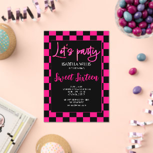 Invitations En Acrylique Checker rose chaud noir blanc Lets party Sweet 16