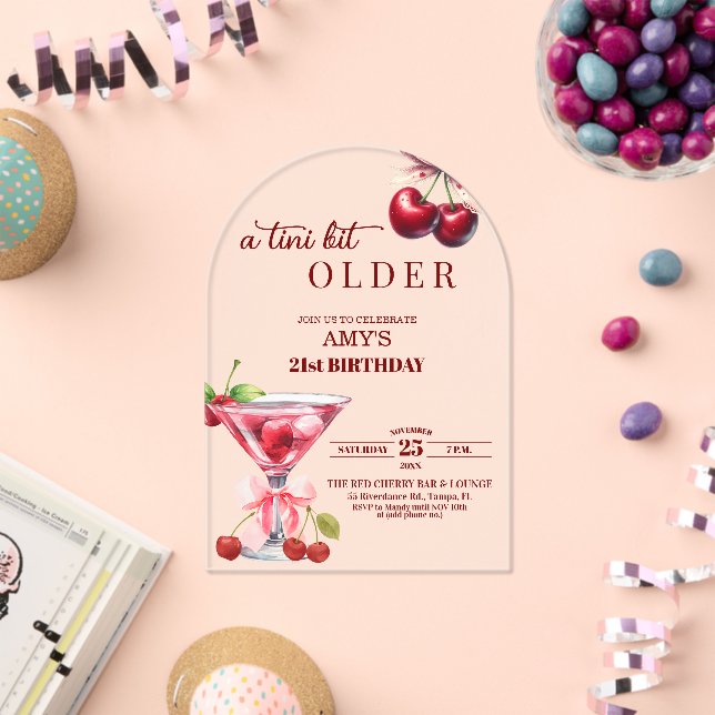 Invitations En Acrylique Chic A Tini Bit Older Cherry Martini 21st Birthday (Insitu (Célébration))