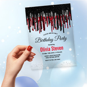 Invitations En Acrylique Chic anniversaire avec gouttes de paillettes noire