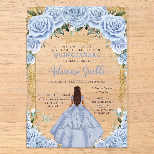 Invitations En Acrylique Chic Baby Blue Flowers Brown Princesse Quinceañera (Recto)