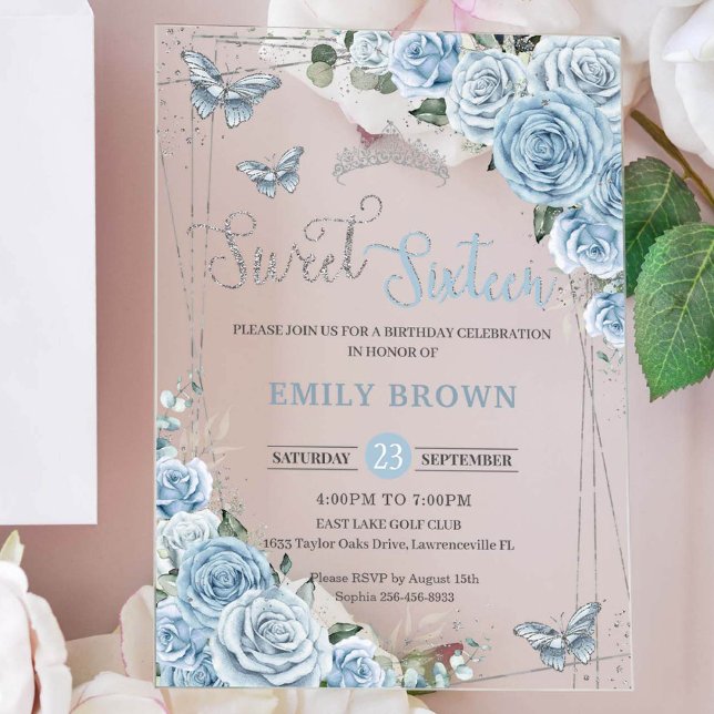 Invitations En Acrylique Chic Bébé Bleu Papillons Floraux Sweet sixteen 16 (beautiful sweet sixteen birthday acrylic invitation with baby blue roses floral and butterflies)