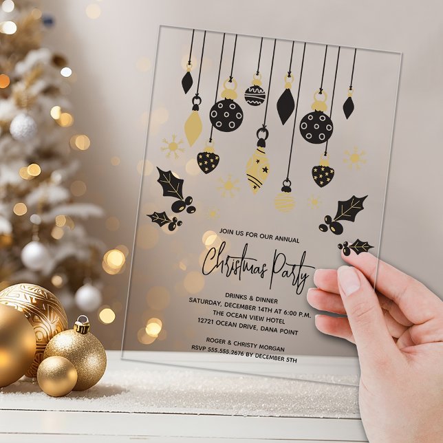 Invitations En Acrylique Chic Black and Gold Christmas Ornaments  (Chic black and gold Christmas tree ornaments ACRYLIC party invitations)