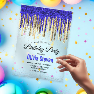 Invitations En Acrylique Chic bleu royal paillettes dorées gouttes annivers