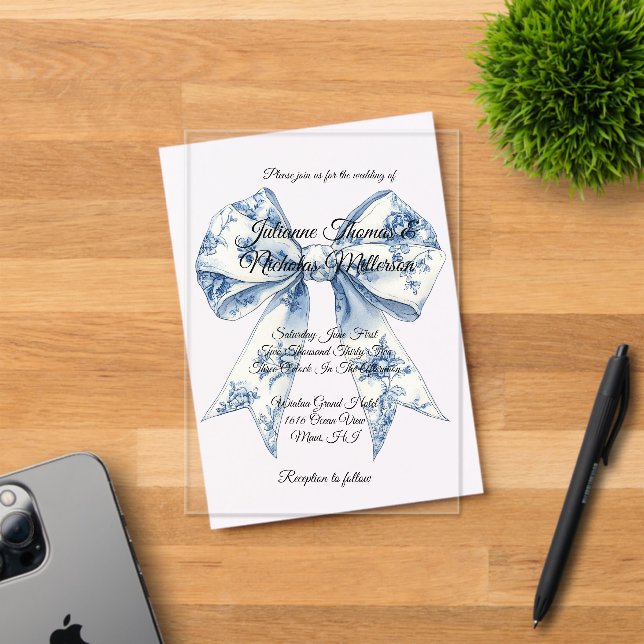 Invitations En Acrylique Chic Blue Light White Bow Wedding (Insitu (Carte d'invitation))