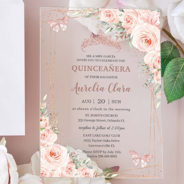 Invitations En Acrylique Chic Blush Floral Rose Gold Butterfly Quinceañera (Créateur téléchargé)