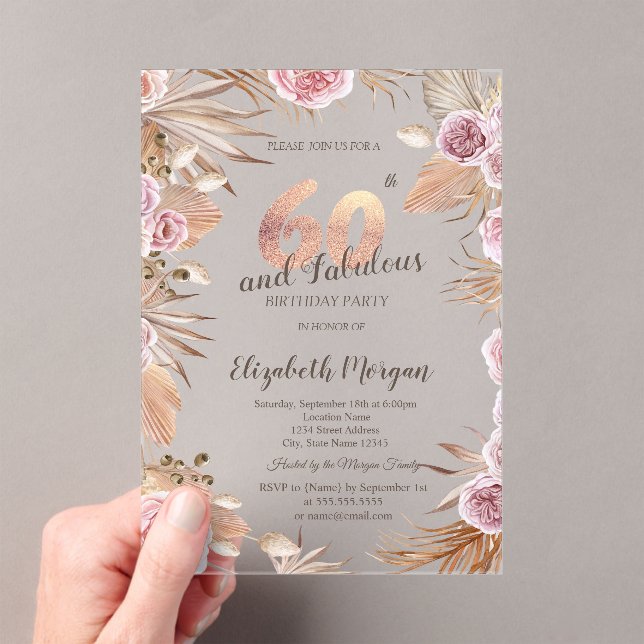 Invitations En Acrylique Chic Boho Flowers Rose Gold 60e anniversaire (In situ (ordinateur de poche))