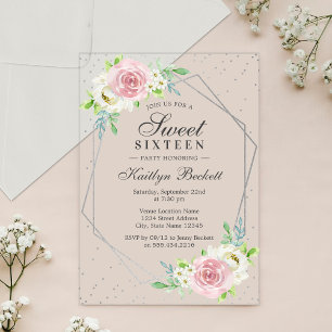 Invitations En Acrylique Chic Fleur Argentée Anniversaire 16 Ans