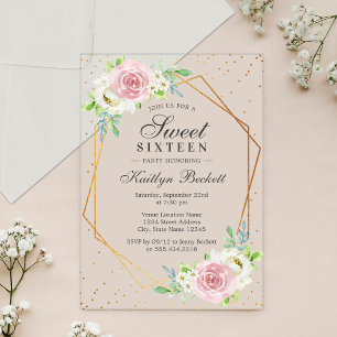 Invitations En Acrylique Chic Fleur Dorée Feuille 16 Anniversaire