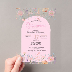 Invitations En Acrylique Chic Fleurs Sauvages Roses Votre Photo Quinceañera