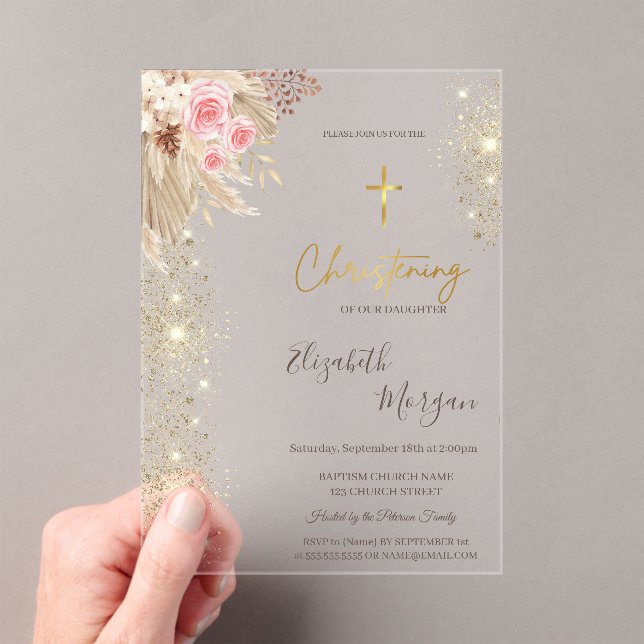 Invitations En Acrylique Chic Gold Cross Baptism Gold Parties scintillant B (In situ (ordinateur de poche))