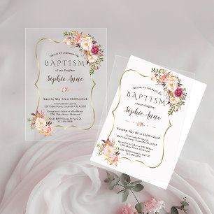 Invitations En Acrylique Chic Gold Frame Rose Blush Fleurs Fille Baptême
