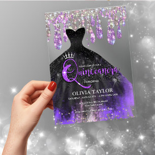 Invitations En Acrylique Chic gouttes de cristal noir violet Quinceanera