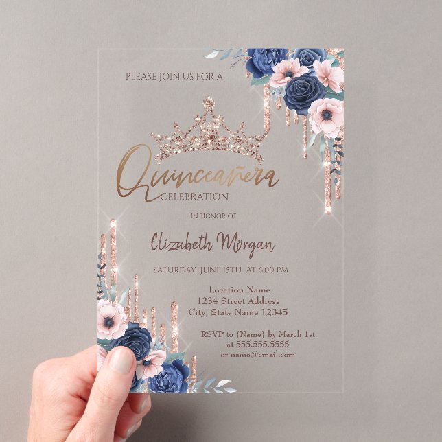 Invitations En Acrylique Chic Parties scintillant Couronne Drop, Blue Roses (In situ (ordinateur de poche))