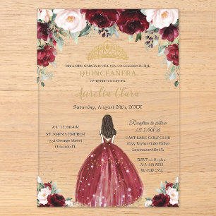 Invitations En Acrylique Chic Quinceanera Bordeaux Rouge Floral Princess
