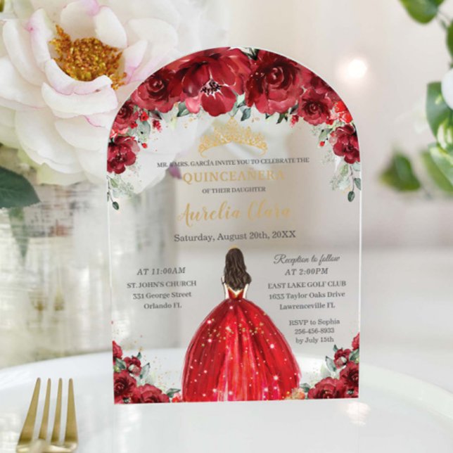 Invitations En Acrylique Chic Quinceañera Rouge Floral Rose Princess Arch (Créateur téléchargé)