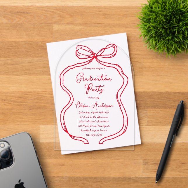 Invitations En Acrylique Chic Red Hand Drawn Bow & Script Graduation Party (Insitu (Carte d'invitation))