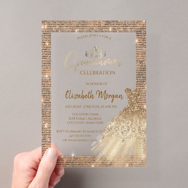 Invitations En Acrylique Chic Robe Vert Or Tiara, Diamonds Quinceañera (In situ (ordinateur de poche))