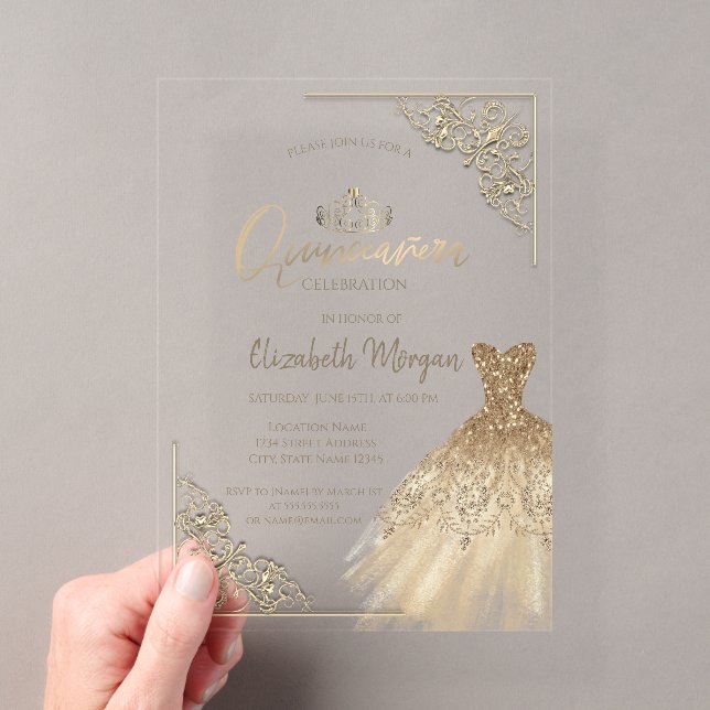 Invitations En Acrylique Chic Robe Vert Or Tiara, Diamonds Quinceañera (In situ (ordinateur de poche))