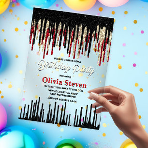 Invitations En Acrylique Chic rouge noir goutte paillettes monogramme anniv