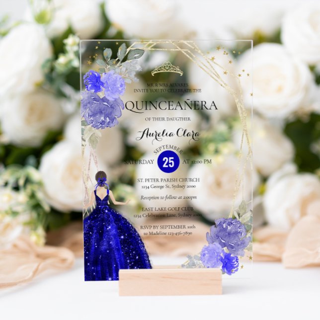 Invitations En Acrylique Chic Royal Blue Floral géométrique Quinceañera (Créateur téléchargé)