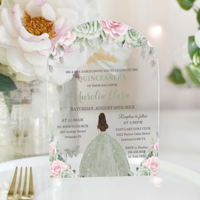 Invitations En Acrylique Chic Sage Green Baby Robe Rose Floral Quinceañera (Créateur téléchargé)