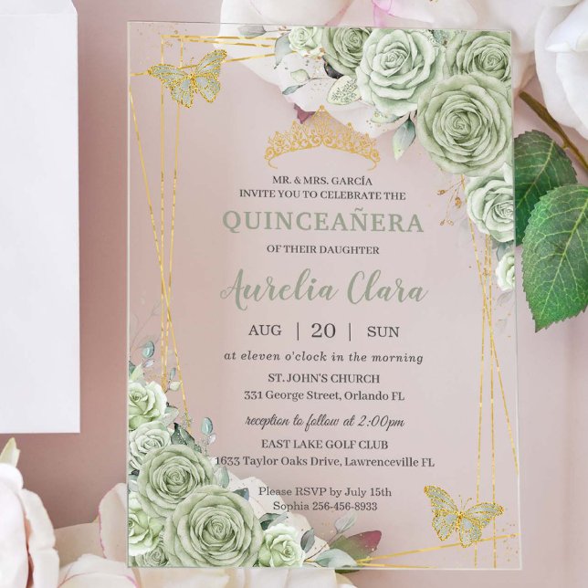 Invitations En Acrylique Chic Sage Green Papillons Floraux Quinceañera (Créateur téléchargé)
