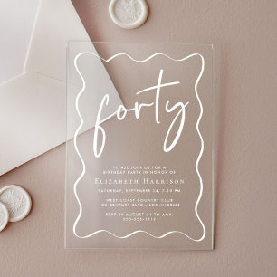 Invitations En Acrylique Chic White Script Wavy Frame 40e fête d'anniversai