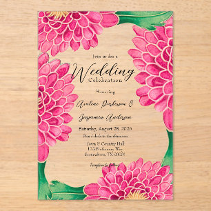 Invitations En Acrylique Chrysanthèmes rose Mariage Géométrique Or