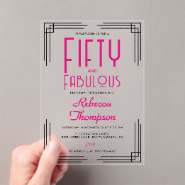 Invitations En Acrylique Cinquante ans et Fabuleux Rose Chaud Art Déco 50e