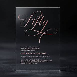 Invitations En Acrylique Cinquante Rose Gold Script Noir 50e Anniversaire