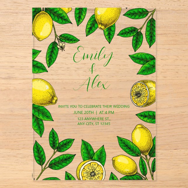 Invitations En Acrylique Citron jaune et verdure feuillage Acrylique Invita (Recto)