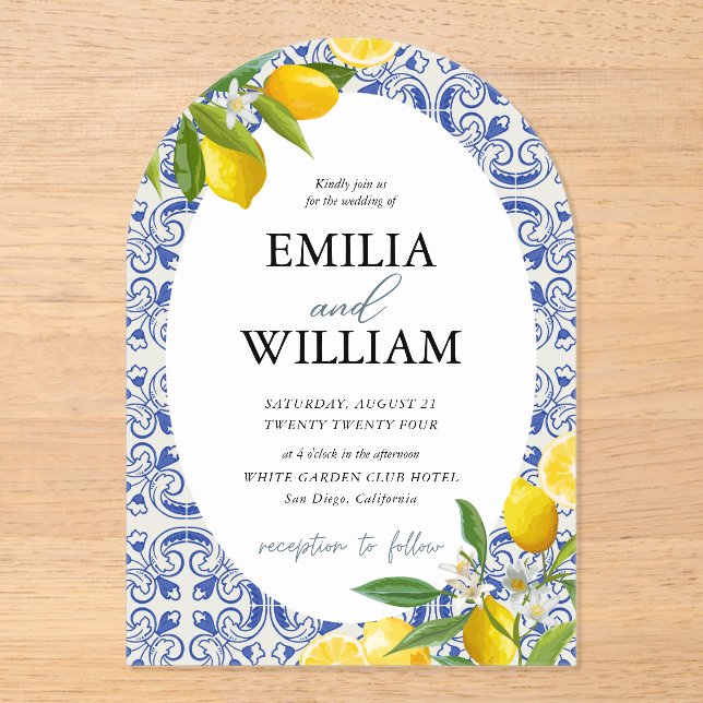 Invitations En Acrylique Citron méditerranéen Mariage été (Recto)