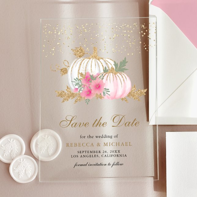 Invitations En Acrylique Citrouille blanc rose mariage floral Enregistrer l (Créateur téléchargé)