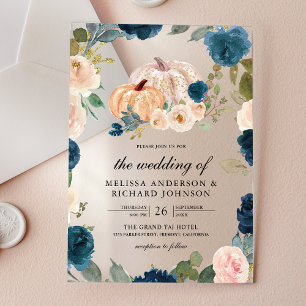 Invitations En Acrylique Citrouille de mariage florale bleu marine et pêche