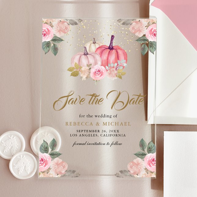Invitations En Acrylique Citrouille d'or rose mariage floral Enregistrer la (Créateur téléchargé)