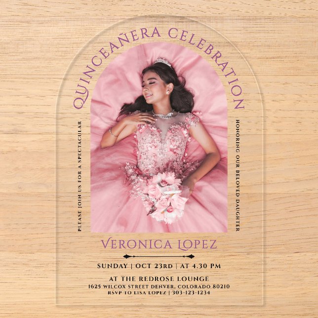 Invitations En Acrylique Classique Moderne Elégante Fille Violet 15ème Anni (Recto)