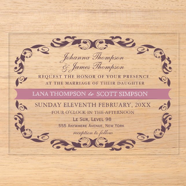 Invitations En Acrylique CLEAR Elegant Victorian Filigree White Wedding (Recto)