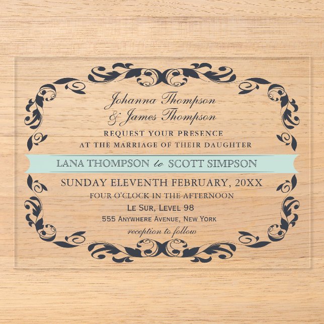 Invitations En Acrylique CLEAR Navy Elegant Victorian Filigree Wedding (Recto)
