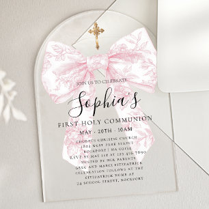 Invitations En Acrylique CLEAR Rose Arc de Première Communion Fille Ruban T
