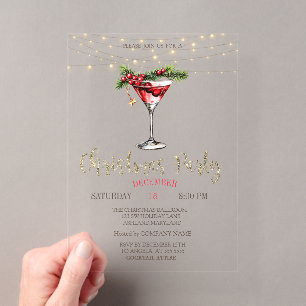 Invitations En Acrylique Cocktail élégant, String Lights Gold Christmas