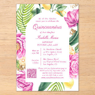 Invitations En Acrylique Code QR de photo florale à l'aquarelle Quinceañera